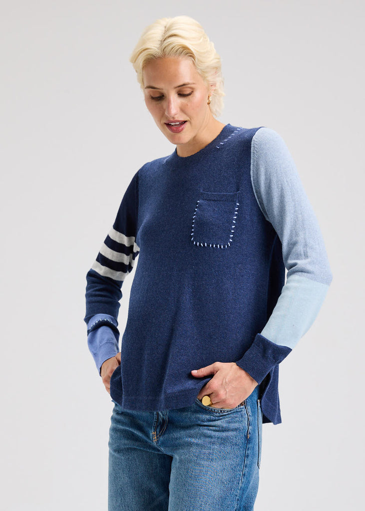 Side view of colorblock and striped sleeves on lightweight knit