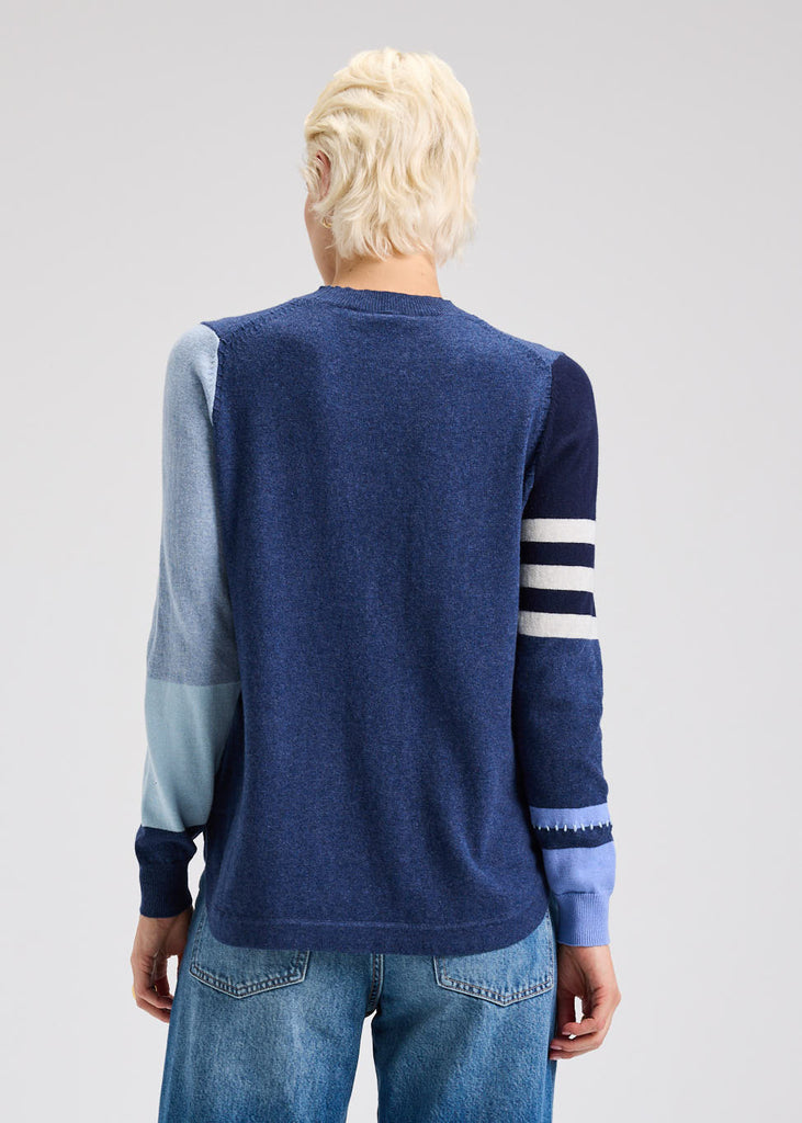 Zaket & Plover Spliced Sweater in blue with mismatched sleeves