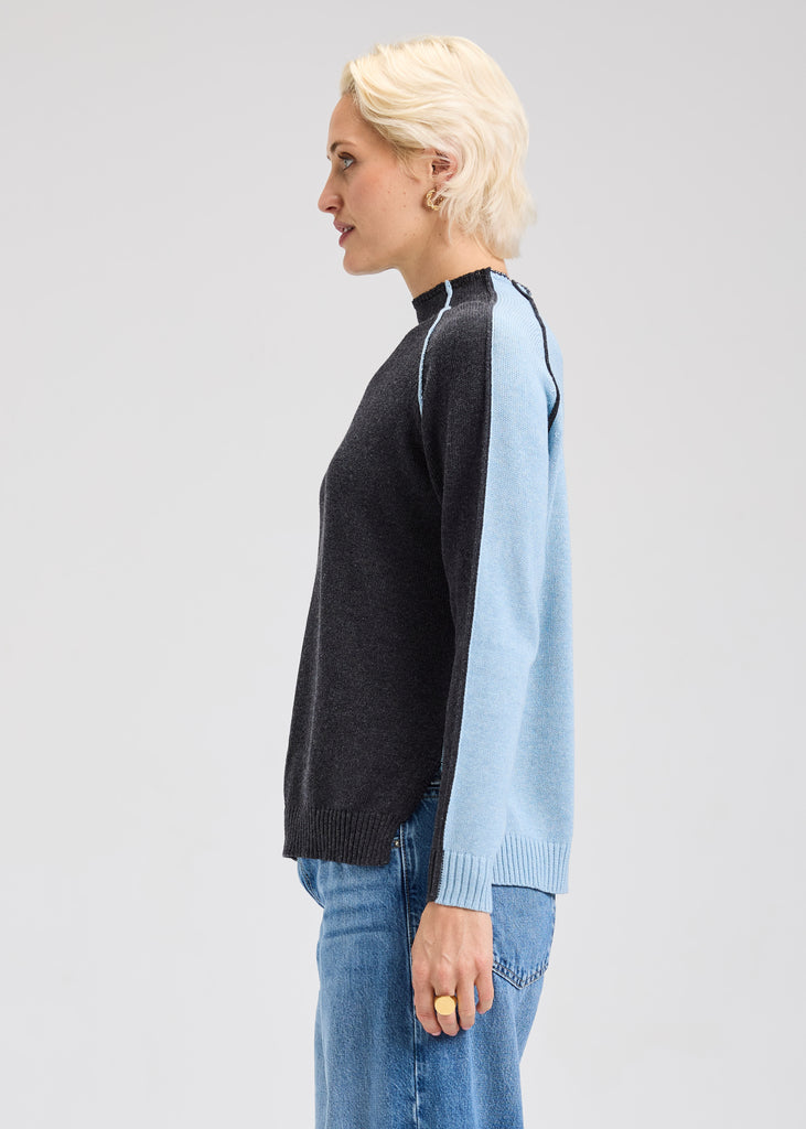 Zaket & Plover Reversible Funnel Sweater in blue and grey sides