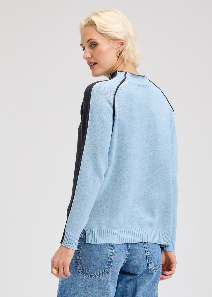 Zaket & Plover Reversible Funnel Sweater in blue and grey sides