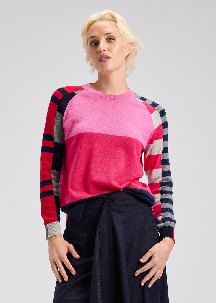Model wearing Color Block Sweater with relaxed boxy fit and raglan sleeves