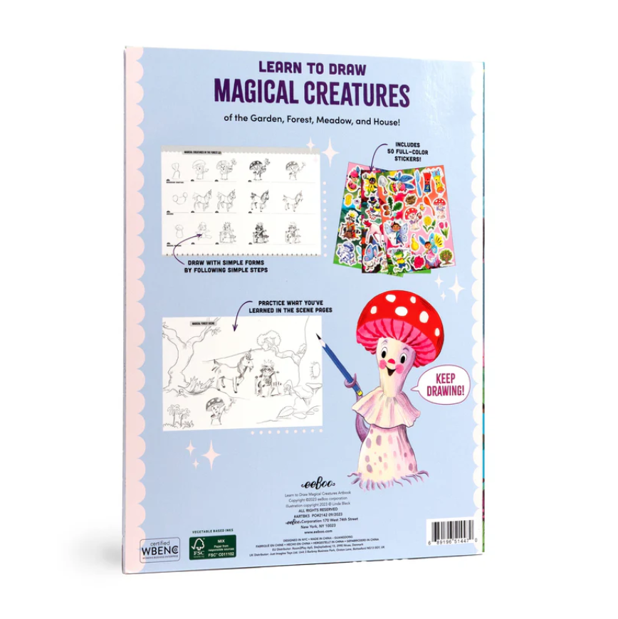 Back cover of eeBoo Learn to Draw Magical Creatures book