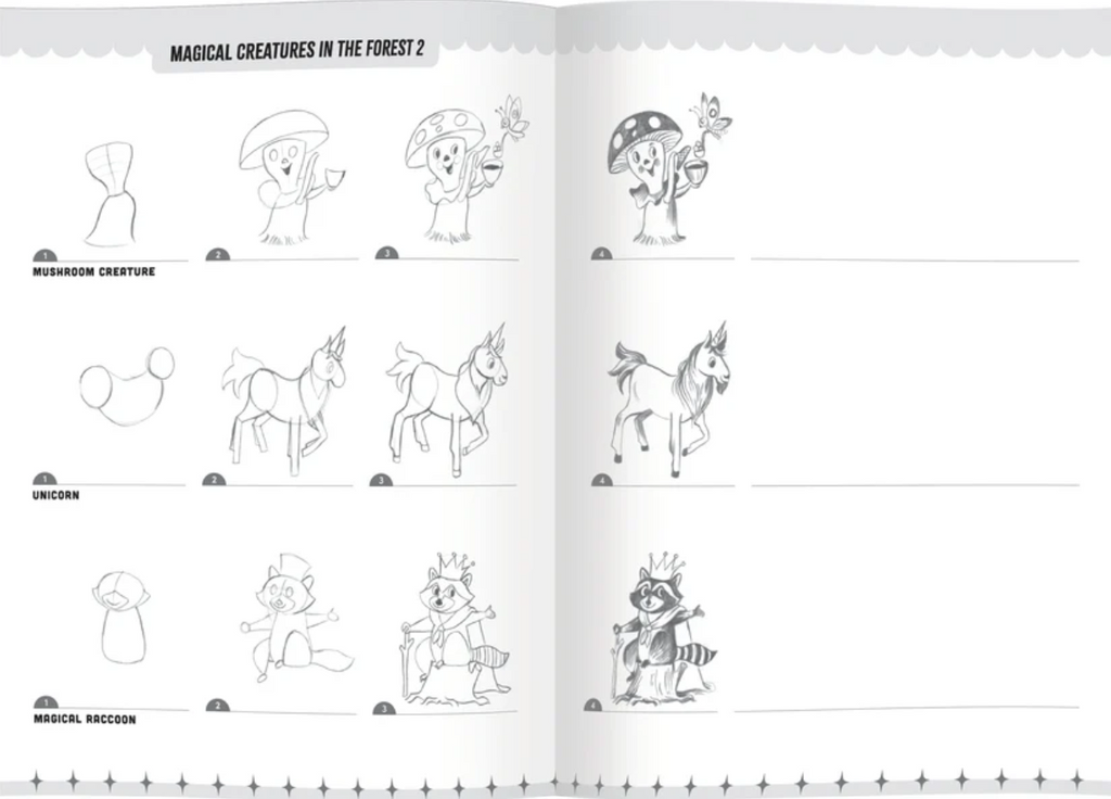 Inside pages showing step-by-step drawing of a unicorn