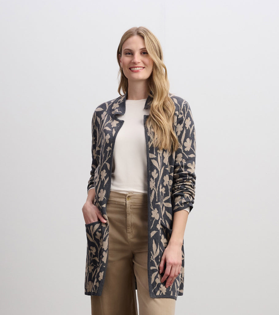 Front view of Hatley Sweater Blazer – Floral Vines with floral knit design