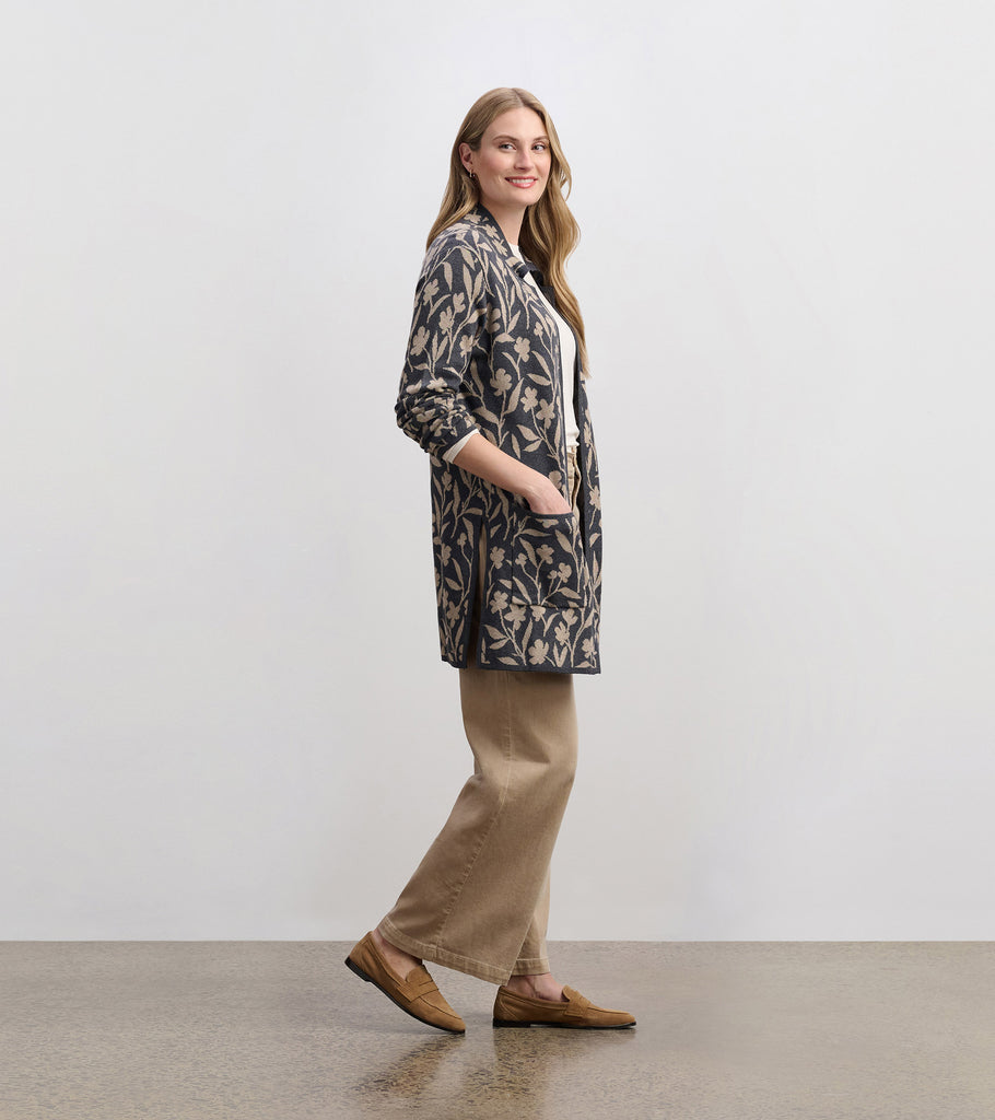 Model wearing Floral Vines Sweater Blazer with jeans for a casual fall look