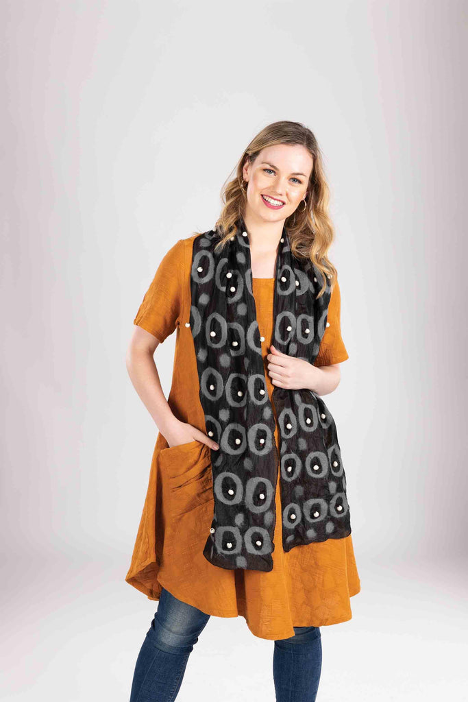 Windhorse Trading Inc Pom Pom Wool Felted Scarf - Black 