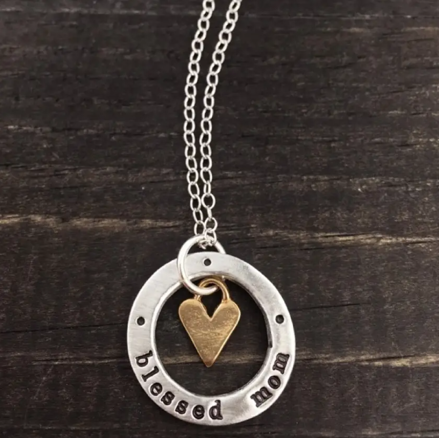 Blessed Mom Washer With Heart Necklace